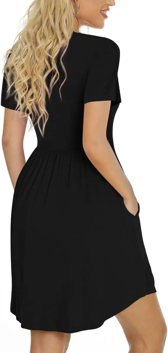 LONGYUAN Women's Casual Dresses 2025 Summer Short Sleeve Dress Hide Belly Loose Fit Sundress with Pockets S-3XL