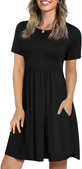 LONGYUAN Women's Casual Dresses 2025 Summer Short Sleeve Dress Hide Belly Loose Fit Sundress with Pockets S-3XL
