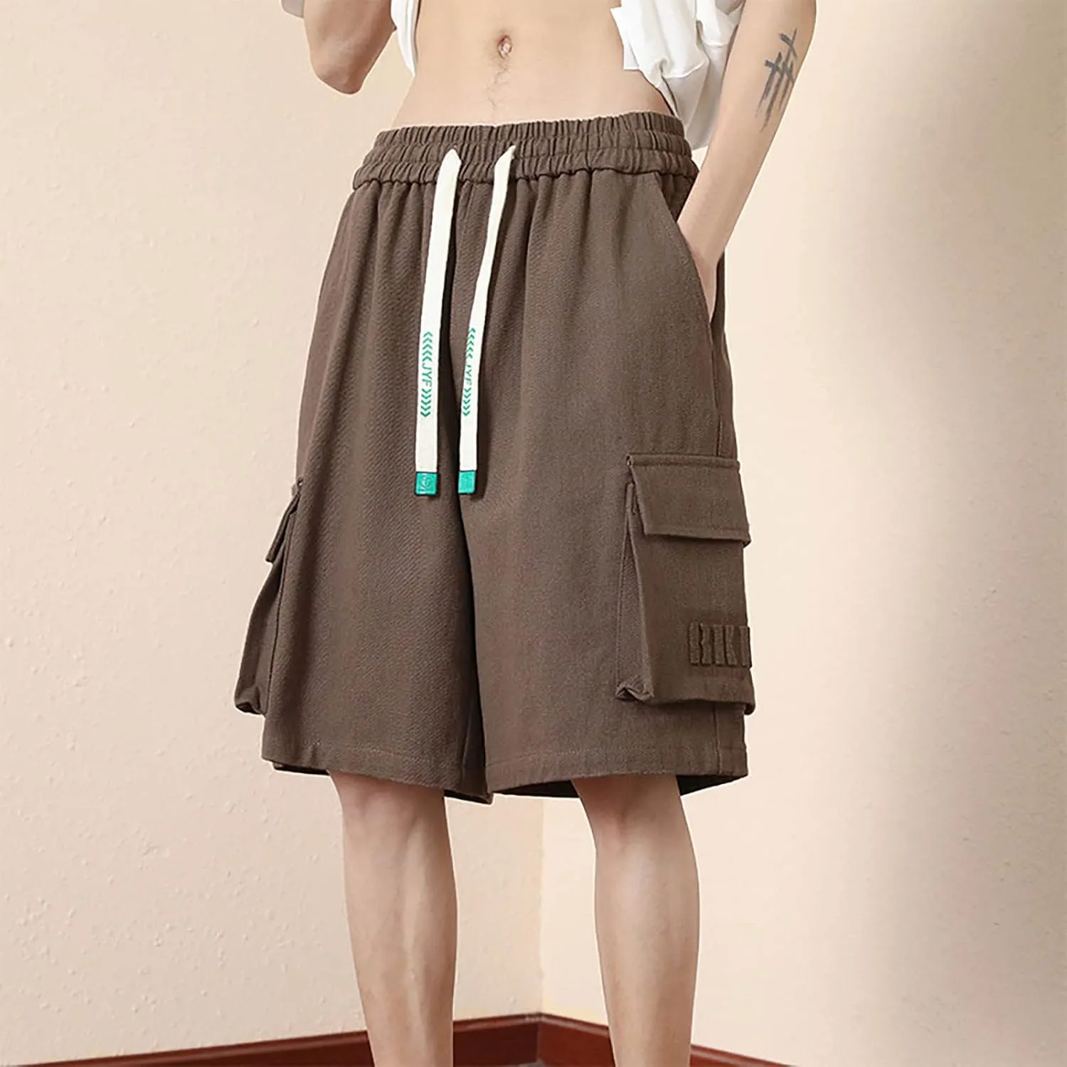 Men's Casual Shorts 7" Cotton Athletic Running Shorts Straight Wide Leg Elastic Waist Drawstring Workout Sweat
