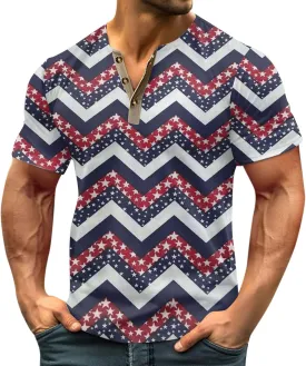 Mens Cotton Henley Shirts Short Sleeve Casual Muscle Gym Slim Fit T-Shirts Summer Button Boys Fourth of July Shirt