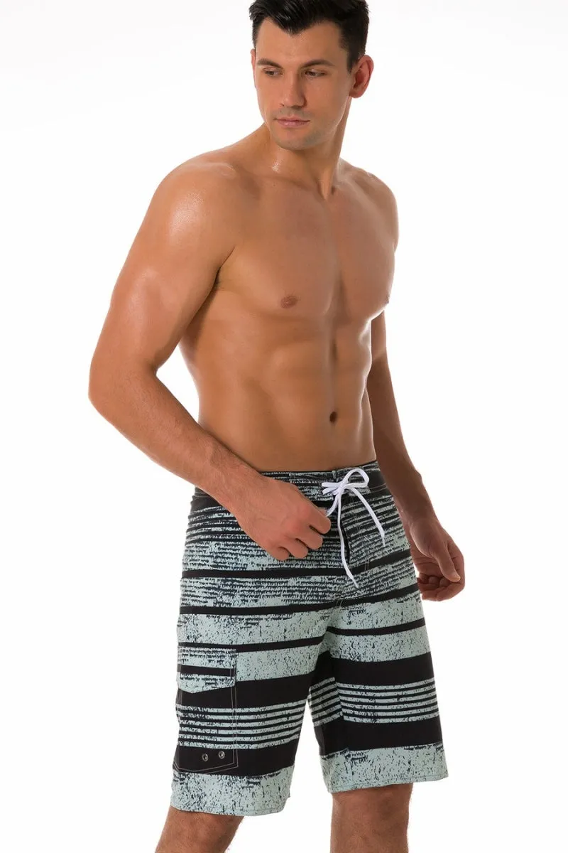 Men's Stylish Light Green and Black Striped Board Shorts with Pockets (Sizes S-5XL)