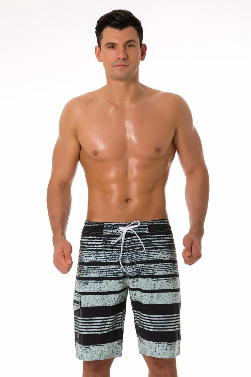 Men's Stylish Light Green and Black Striped Board Shorts with Pockets (Sizes S-5XL)