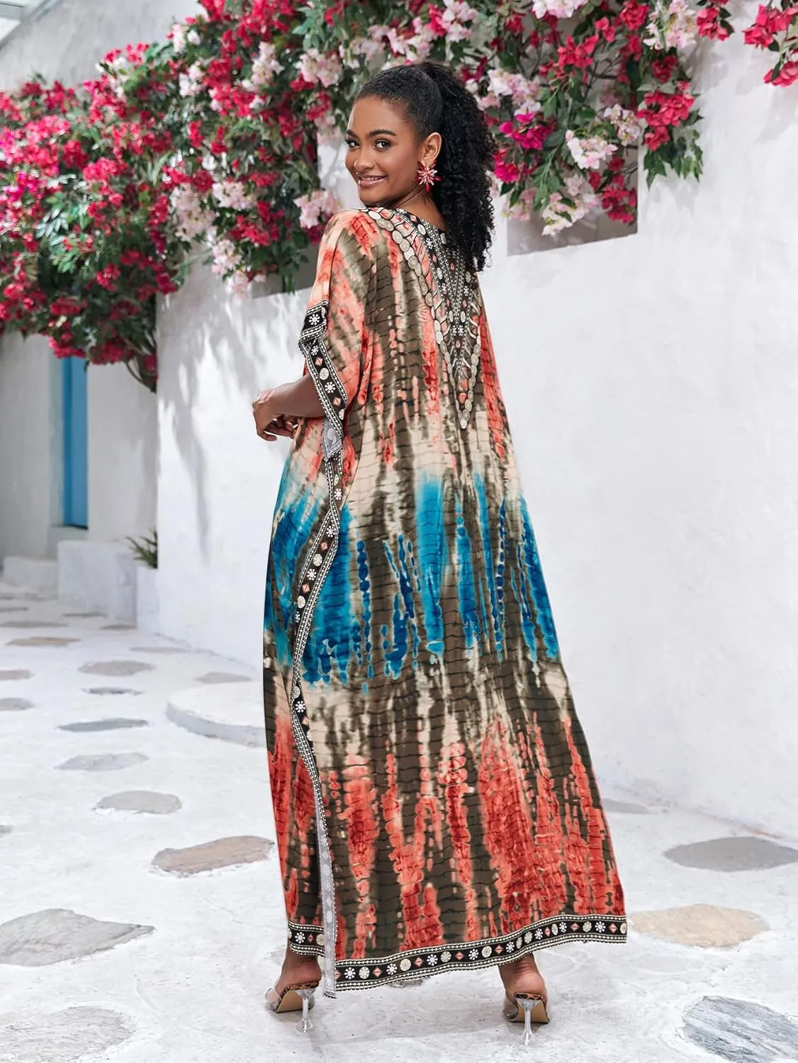 Plus Size Beach Kaftan Dresses for Women Print V-Neck Long Swimsuit Cover Ups