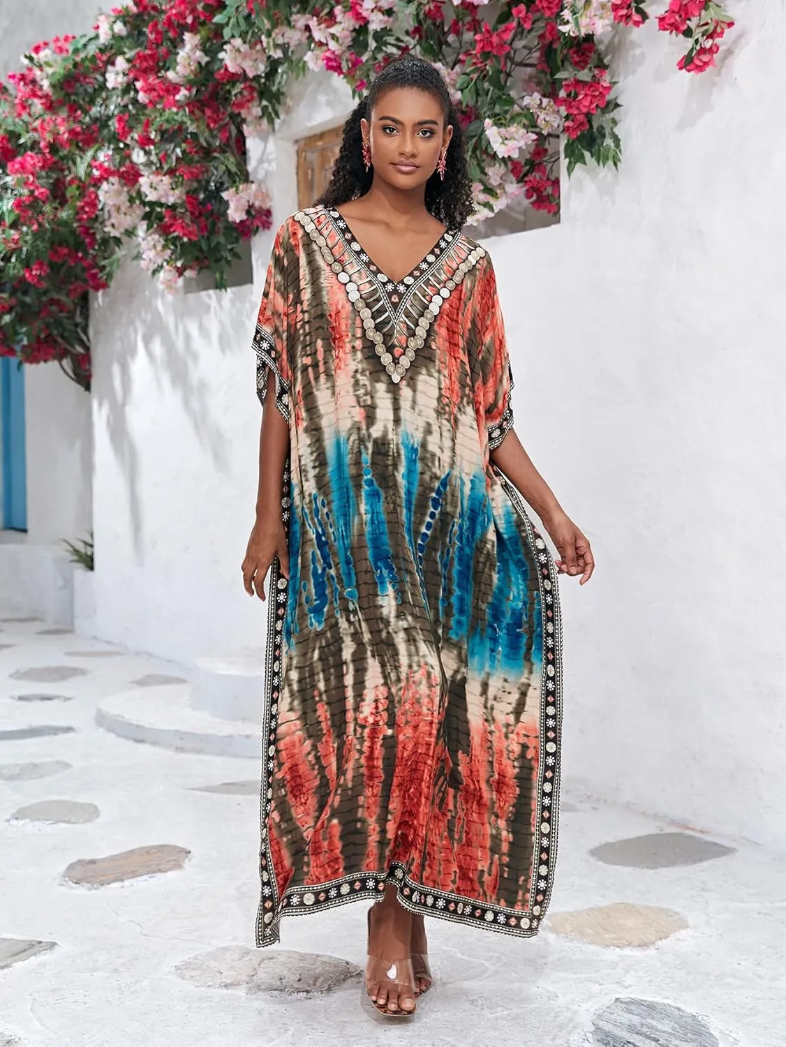 Plus Size Beach Kaftan Dresses for Women Print V-Neck Long Swimsuit Cover Ups