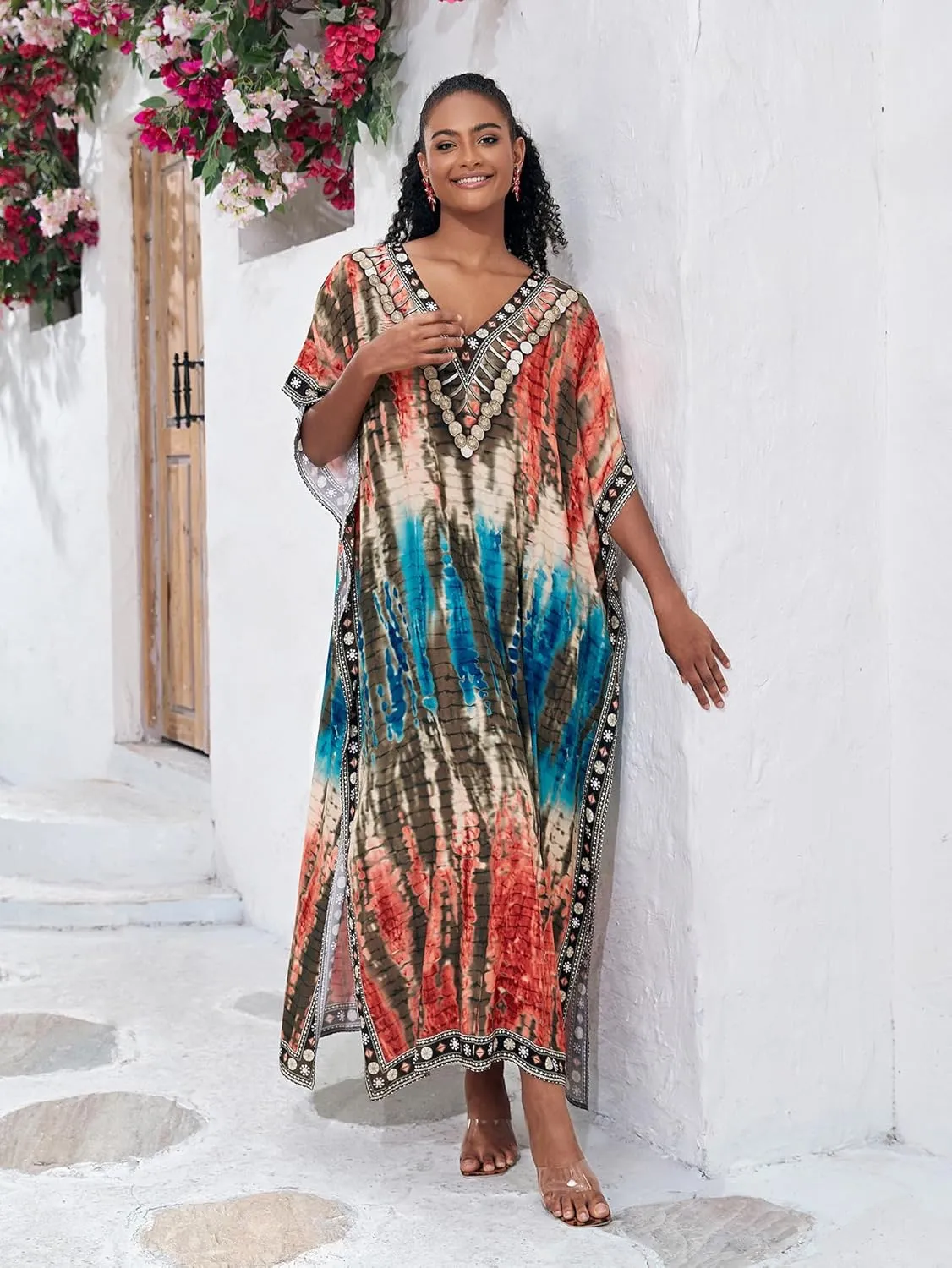 Plus Size Beach Kaftan Dresses for Women Print V-Neck Long Swimsuit Cover Ups