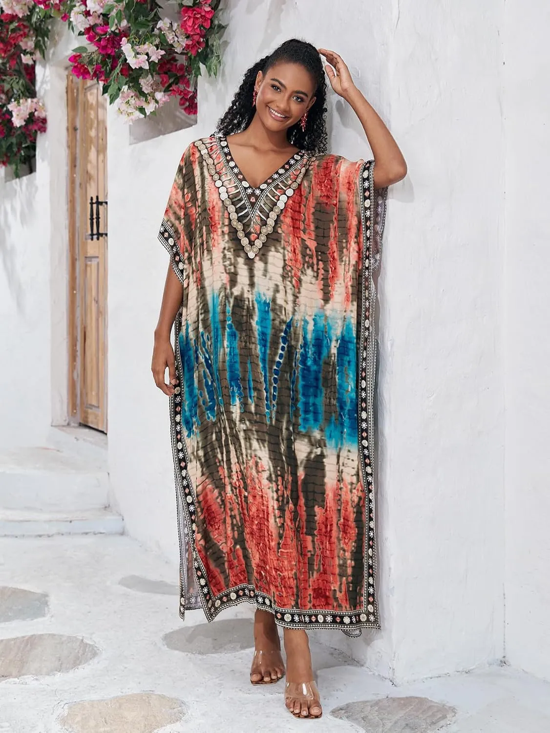 Plus Size Beach Kaftan Dresses for Women Print V-Neck Long Swimsuit Cover Ups