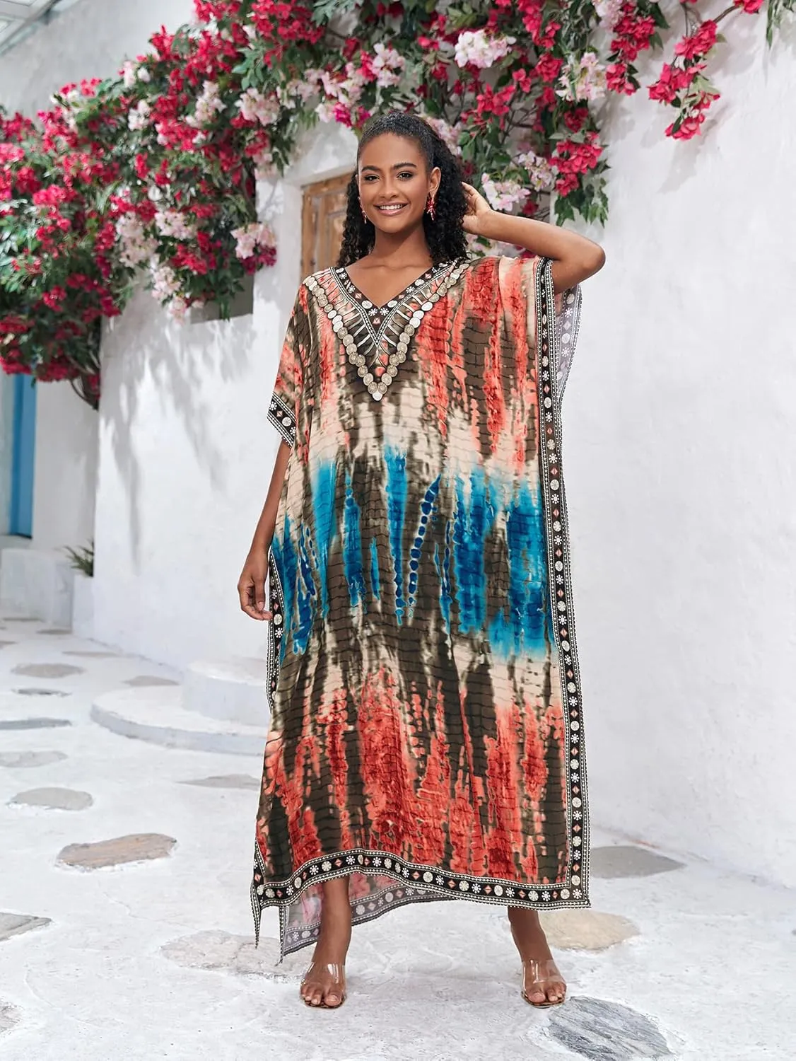 Plus Size Beach Kaftan Dresses for Women Print V-Neck Long Swimsuit Cover Ups