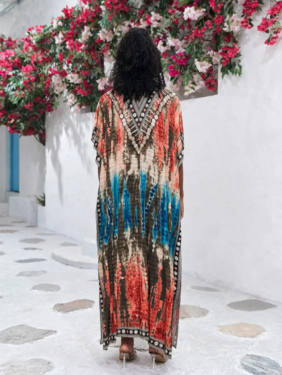 Plus Size Beach Kaftan Dresses for Women Print V-Neck Long Swimsuit Cover Ups