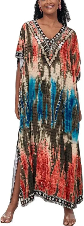Plus Size Beach Kaftan Dresses for Women Print V-Neck Long Swimsuit Cover Ups