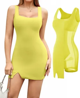 Popilush Shapewear Dress Built in Shapewear Bra 8 in 1 Square Neck Mini Slit Bodycon Summer Dress for Women