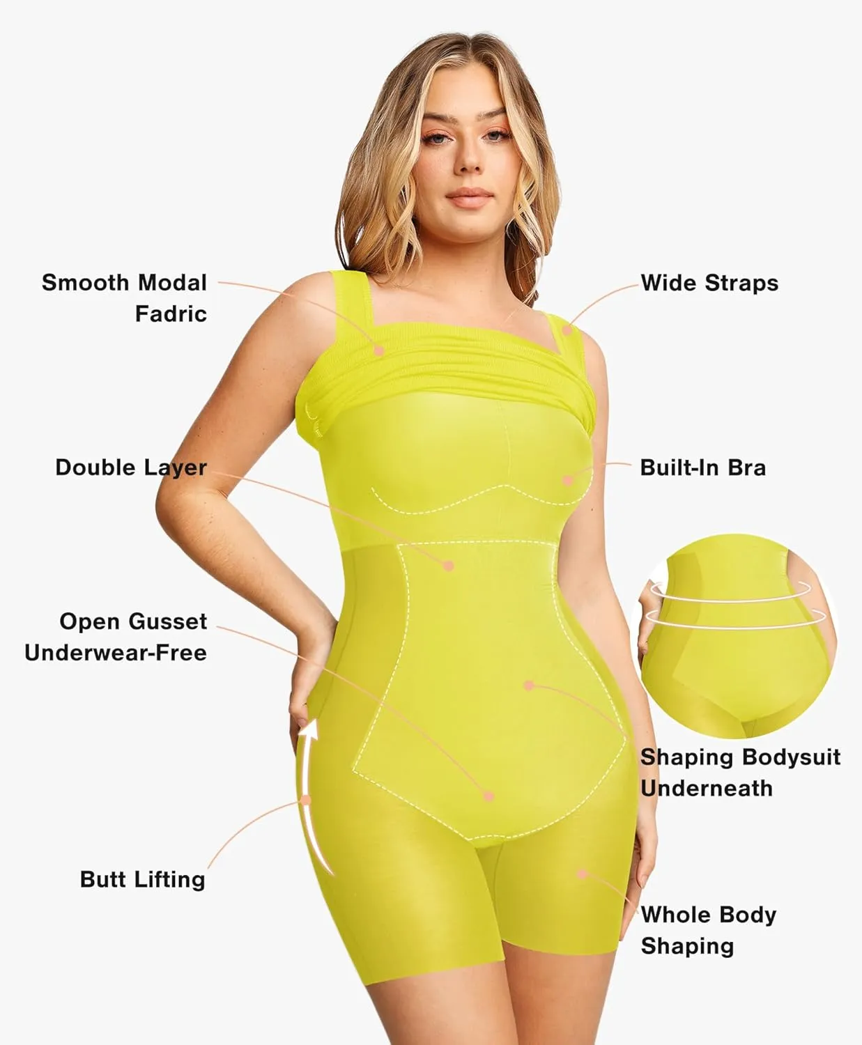 Popilush Shapewear Dress Built in Shapewear Bra 8 in 1 Square Neck Mini Slit Bodycon Summer Dress for Women