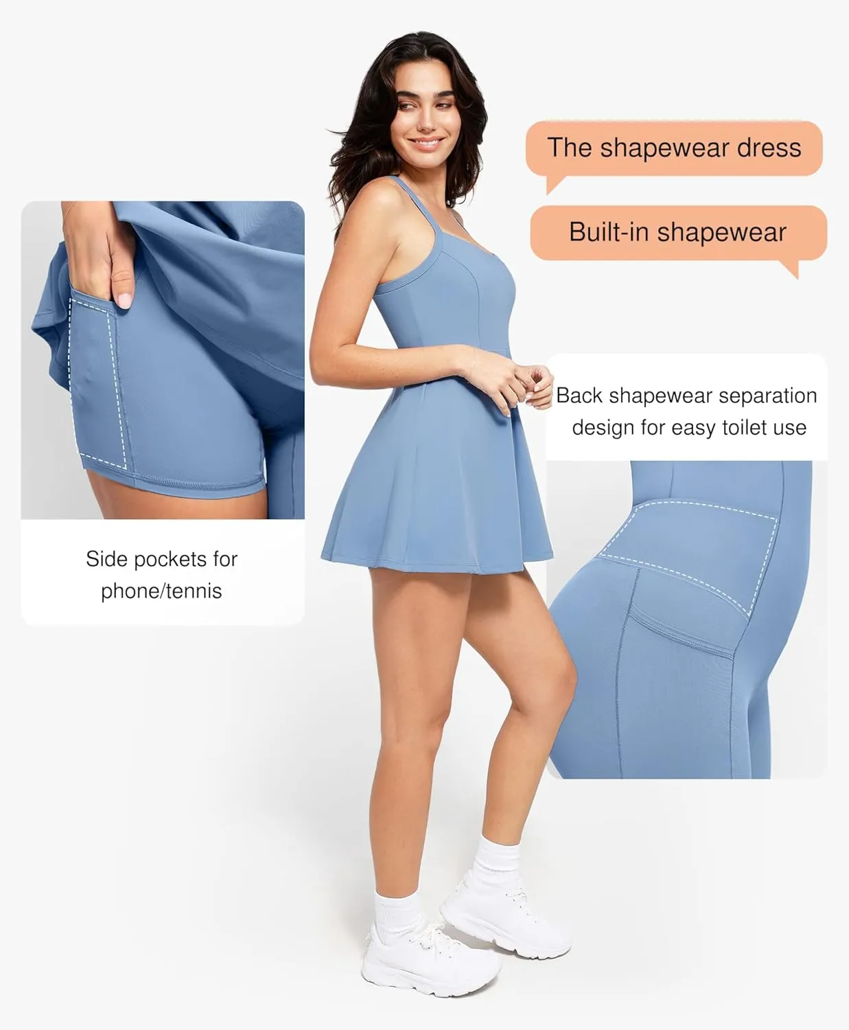 Popilush Shapewear Tennis Dress for Women With Built-in Bra, Shorts, Pockets - Athletic Mini Dress for Workout and Golf