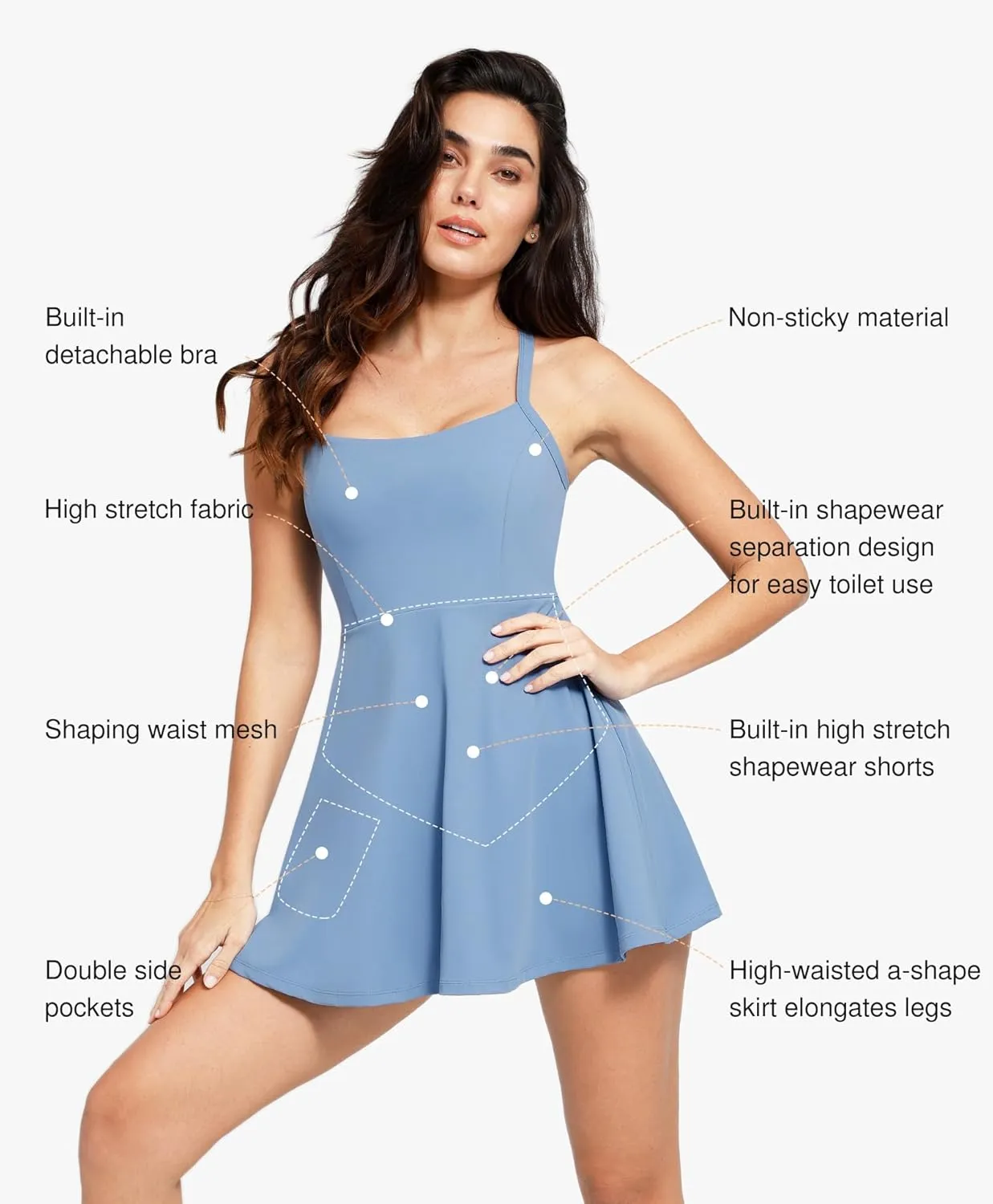 Popilush Shapewear Tennis Dress for Women With Built-in Bra, Shorts, Pockets - Athletic Mini Dress for Workout and Golf