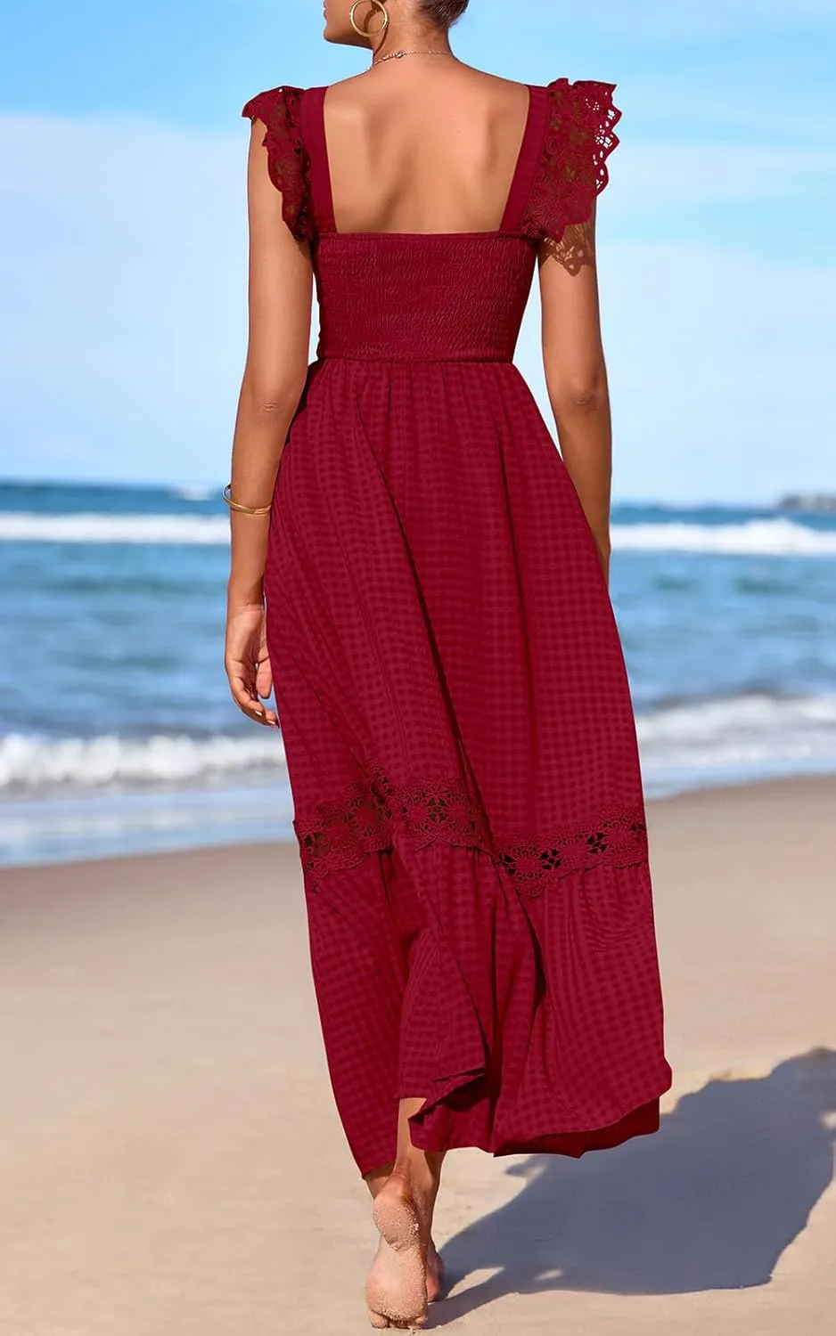 PRETTYGARDEN Women's Smocked Summer Maxi Dresses 2025 Ruffle Cap Sleeve Square Neck Lace Detail Flowy Sundress with Pockets