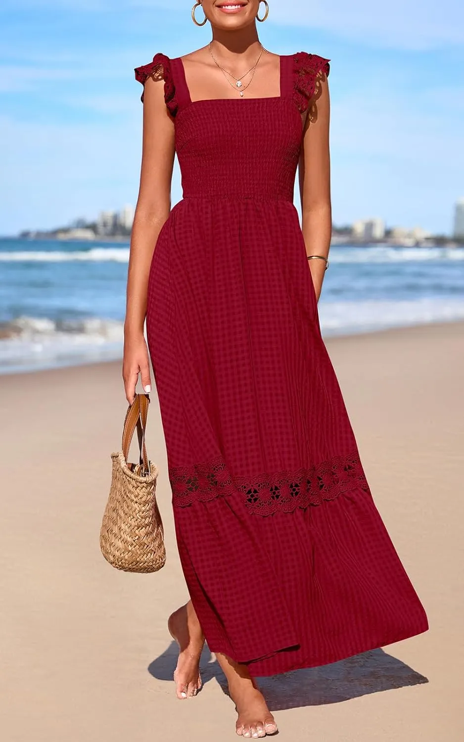 PRETTYGARDEN Women's Smocked Summer Maxi Dresses 2025 Ruffle Cap Sleeve Square Neck Lace Detail Flowy Sundress with Pockets