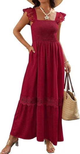 PRETTYGARDEN Women's Smocked Summer Maxi Dresses 2025 Ruffle Cap Sleeve Square Neck Lace Detail Flowy Sundress with Pockets