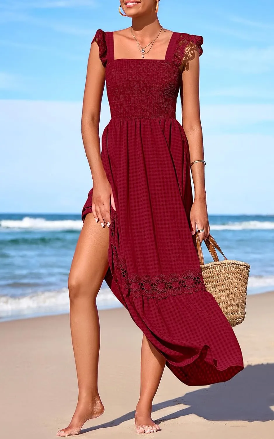 PRETTYGARDEN Women's Smocked Summer Maxi Dresses 2025 Ruffle Cap Sleeve Square Neck Lace Detail Flowy Sundress with Pockets
