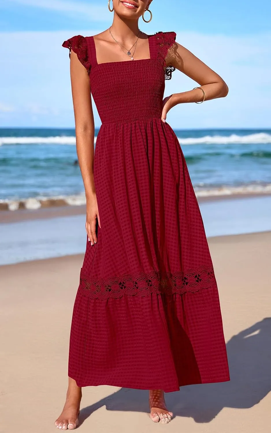 PRETTYGARDEN Women's Smocked Summer Maxi Dresses 2025 Ruffle Cap Sleeve Square Neck Lace Detail Flowy Sundress with Pockets