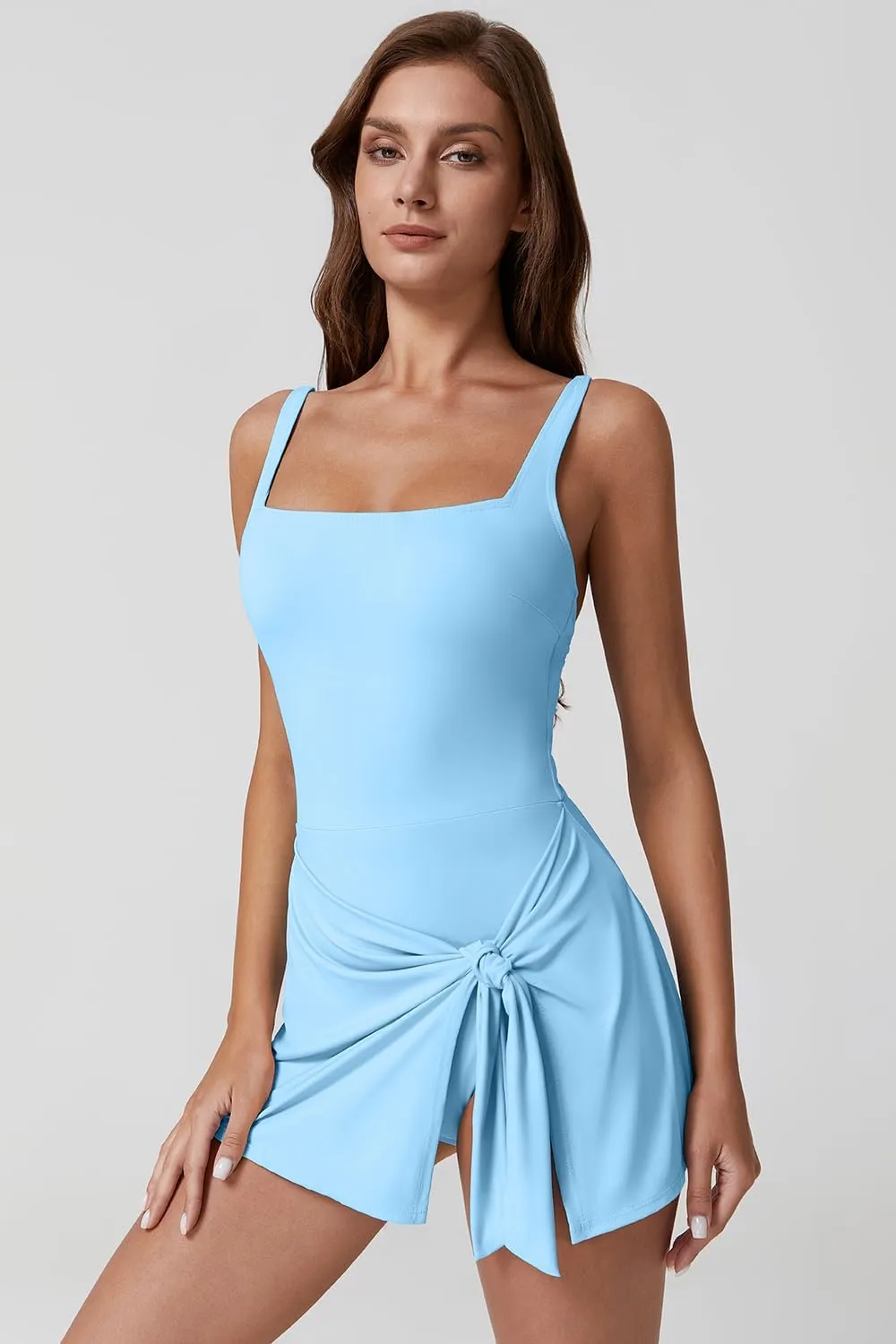 QINSEN Square Neck Swim Dress for Women Tummy Control One Piece Swimsuit Wrap Bathing Suit