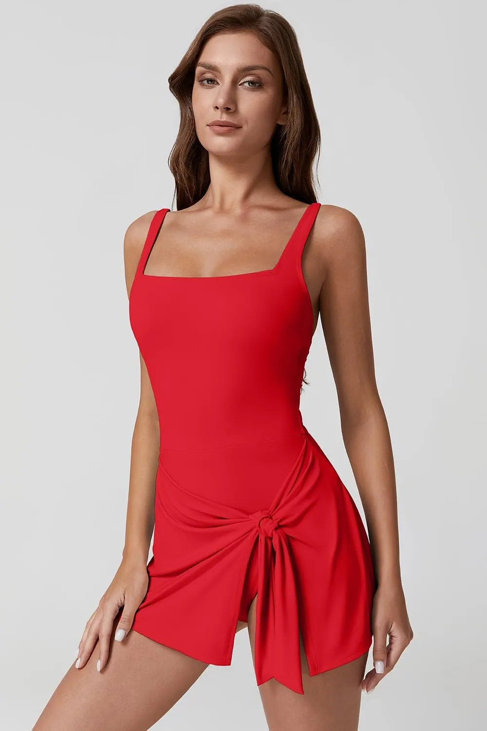 QINSEN Square Neck Swim Dress for Women Tummy Control One Piece Swimsuit Wrap Bathing Suit