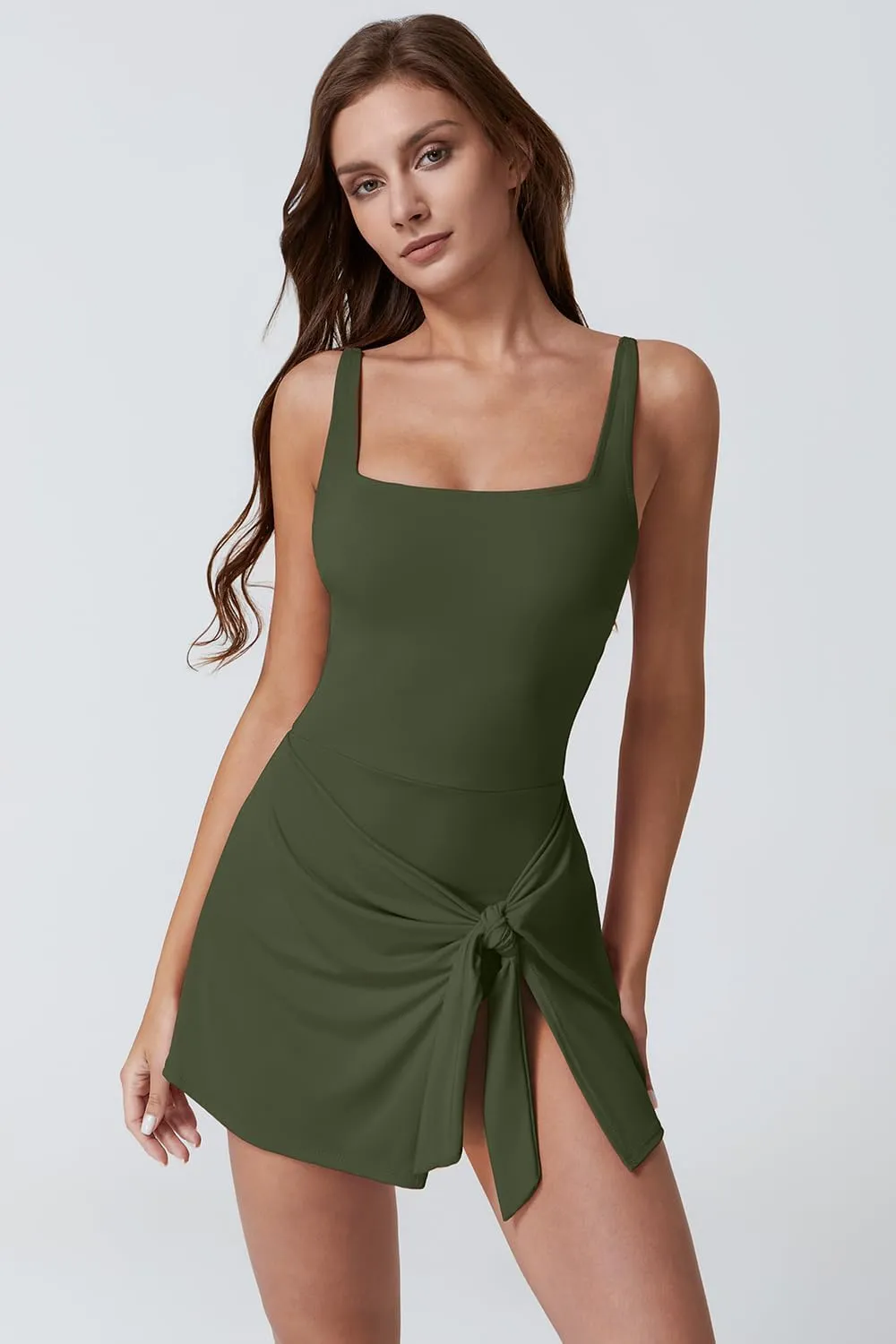 QINSEN Square Neck Swim Dress for Women Tummy Control One Piece Swimsuit Wrap Bathing Suit