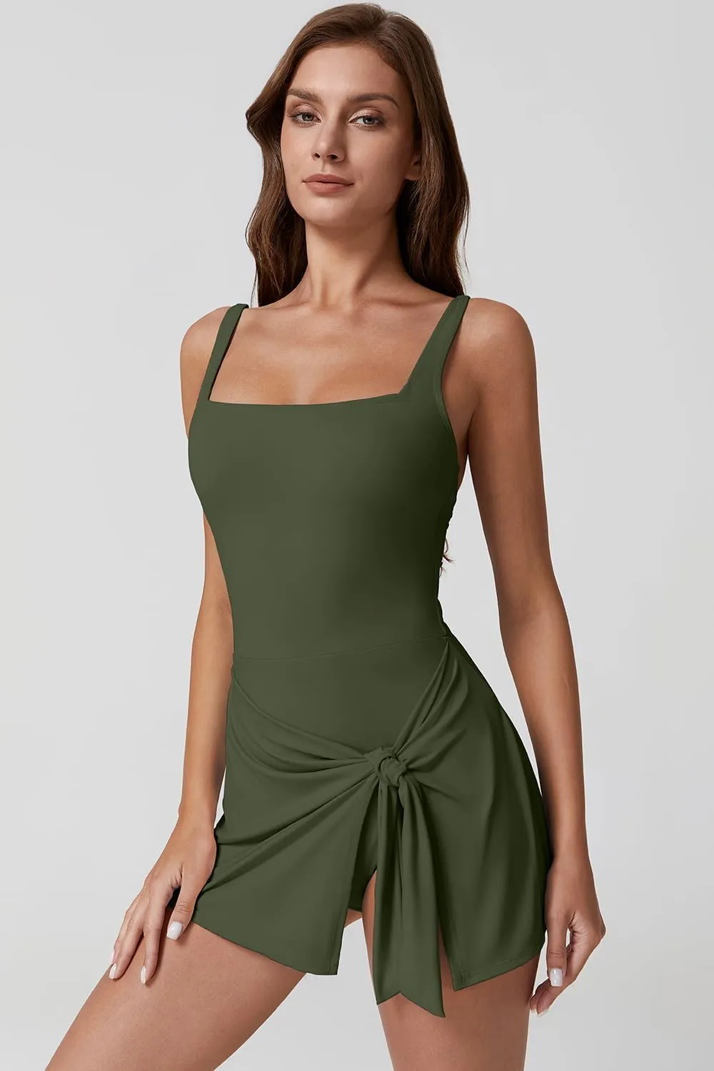 QINSEN Square Neck Swim Dress for Women Tummy Control One Piece Swimsuit Wrap Bathing Suit