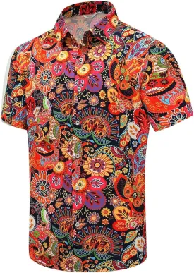 SheLucki Hawaiian Shirt for Men, Unisex Summer Beach Casual Short Sleeve Button Down Shirts, Printed Palmshadow Clothing