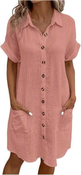 Summer Dresses for Women 2025 Linen Button Down Shirt Dress Midi Sundress Casual Summer Loose Cover Up Vacation Beach