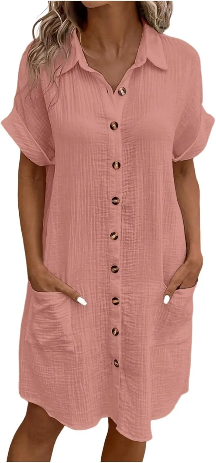 Summer Dresses for Women 2025 Linen Button Down Shirt Dress Midi Sundress Casual Summer Loose Cover Up Vacation Beach