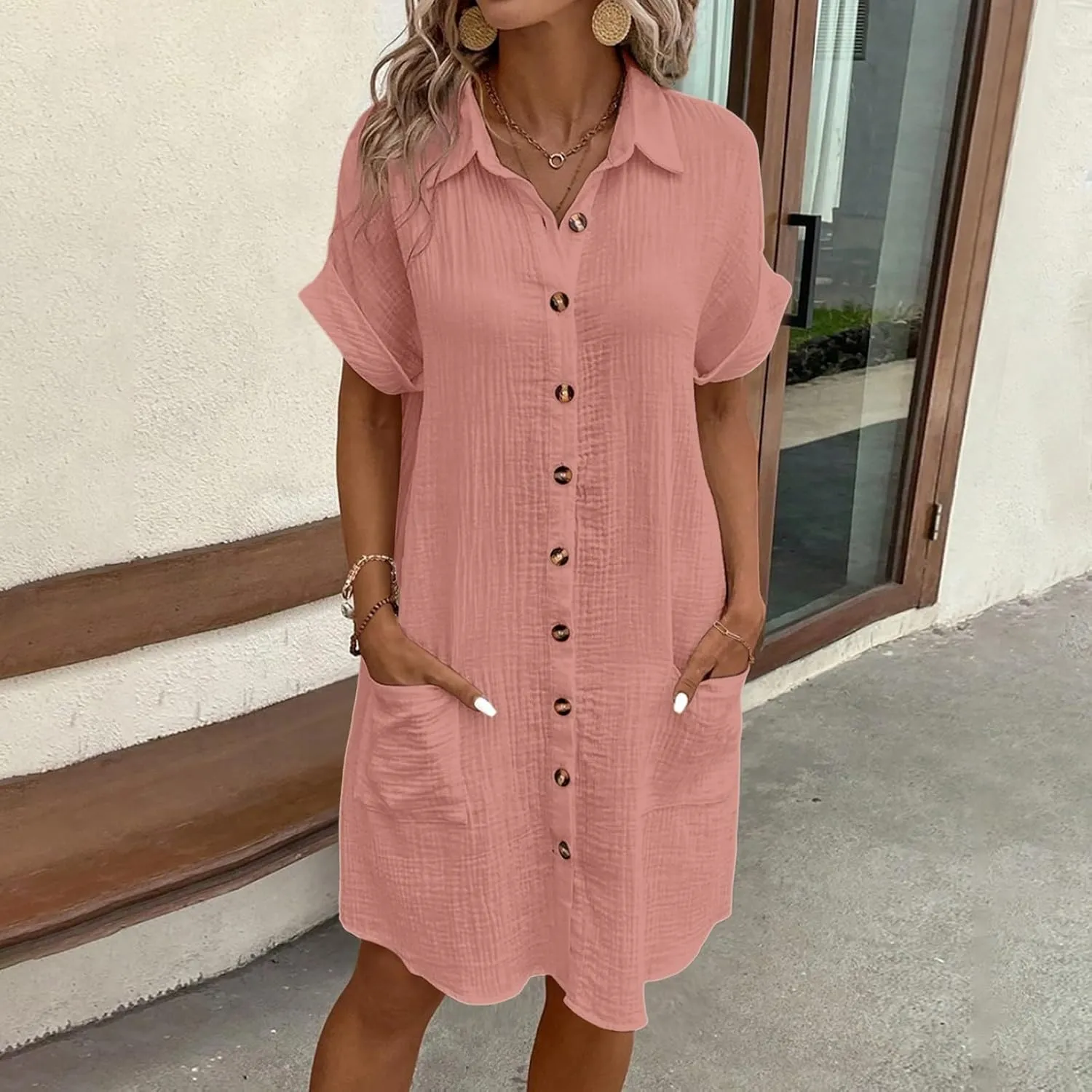 Summer Dresses for Women 2025 Linen Button Down Shirt Dress Midi Sundress Casual Summer Loose Cover Up Vacation Beach
