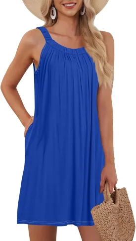 Tank Dress for Women Summer Halter Neck Pleated Front Mini Dress with Pockets Casual Loose Beach Vacation Sundresses