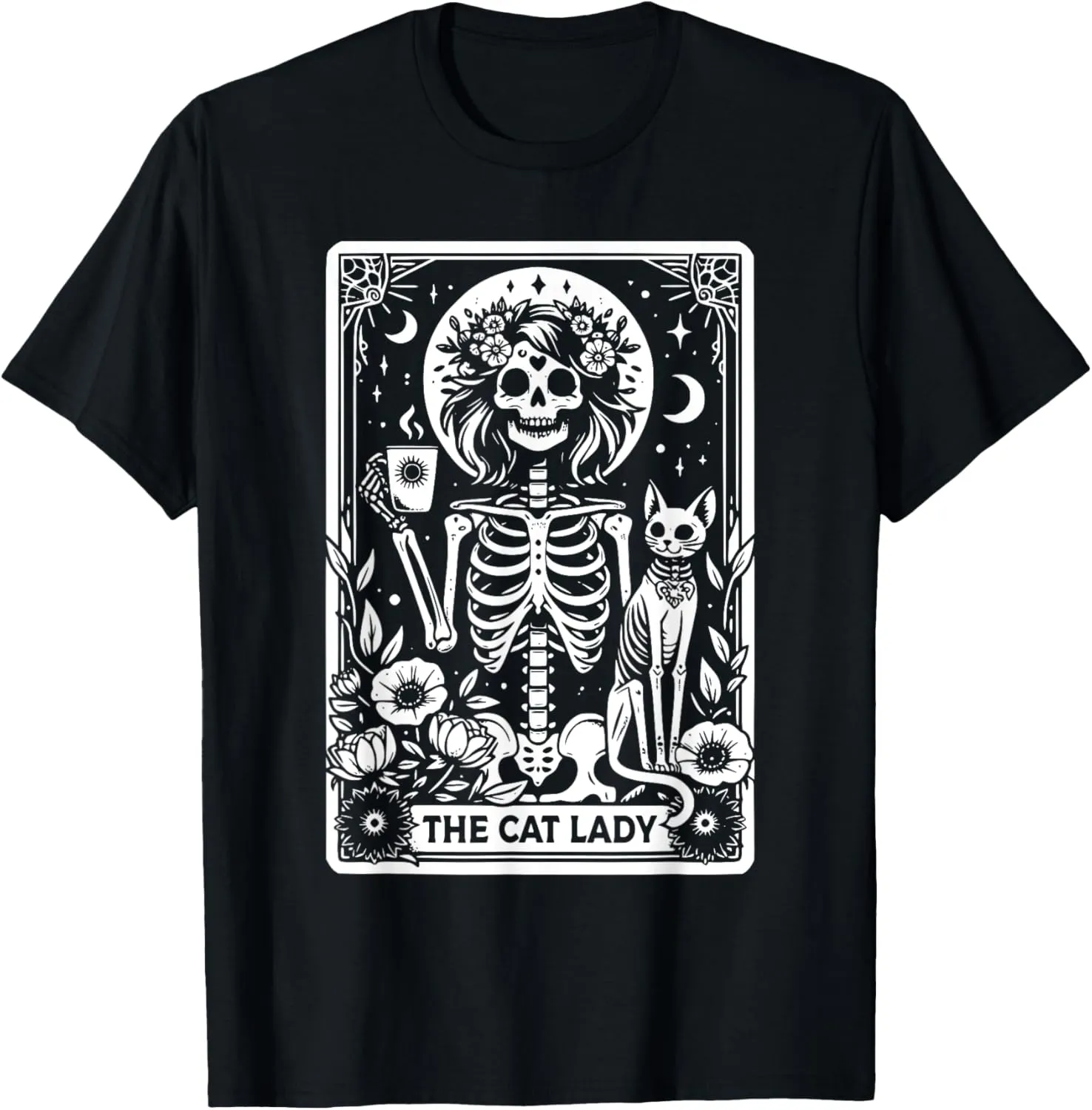 The Cat Lady Tarot Cards Skeleton Coffee Cat Tarot Card T-Shirt