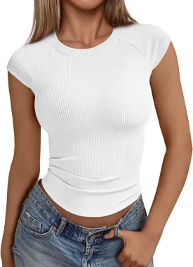 Trendy Queen Women's Cap Sleeve Shirts Ribbed Knit Summer Top 2025 Basic Cute Y2k Tee Crop Clothes
