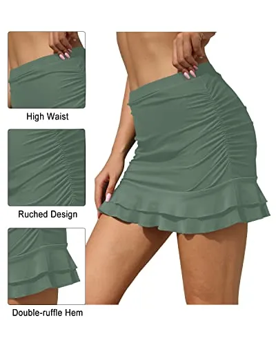 Tummy Control Bathing Suit Bottoms High Waisted Swim Skirt-Olive Green