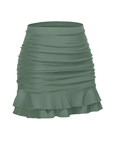 Tummy Control Bathing Suit Bottoms High Waisted Swim Skirt-Olive Green