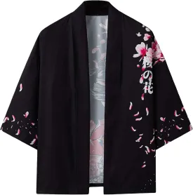WDIRARA Men's Floral and Crane Print Japanese Style Kimono Tee
