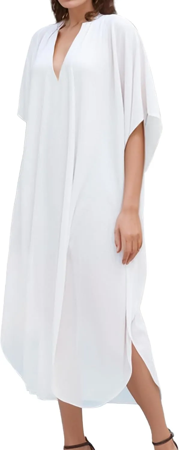 Women Kaftan Beach Cover Up for Swimwear, Lightweight V-Neck Kaftan Dress Home Loungewear Moomoo Nightgown