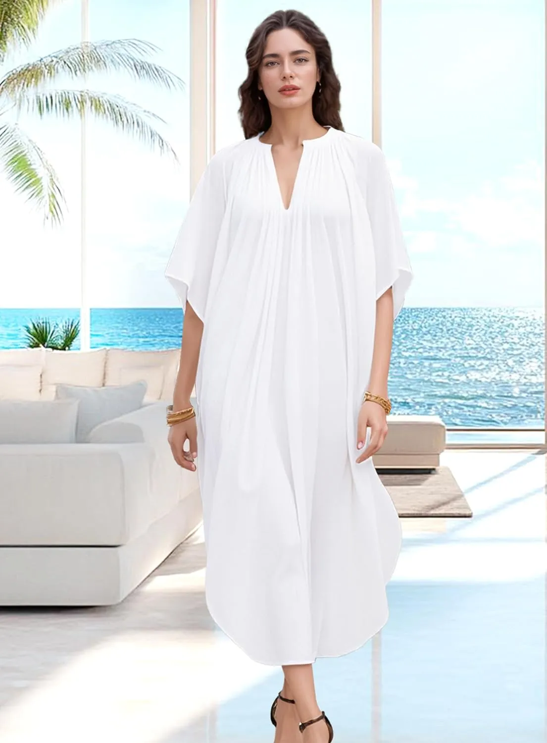 Women Kaftan Beach Cover Up for Swimwear, Lightweight V-Neck Kaftan Dress Home Loungewear Moomoo Nightgown