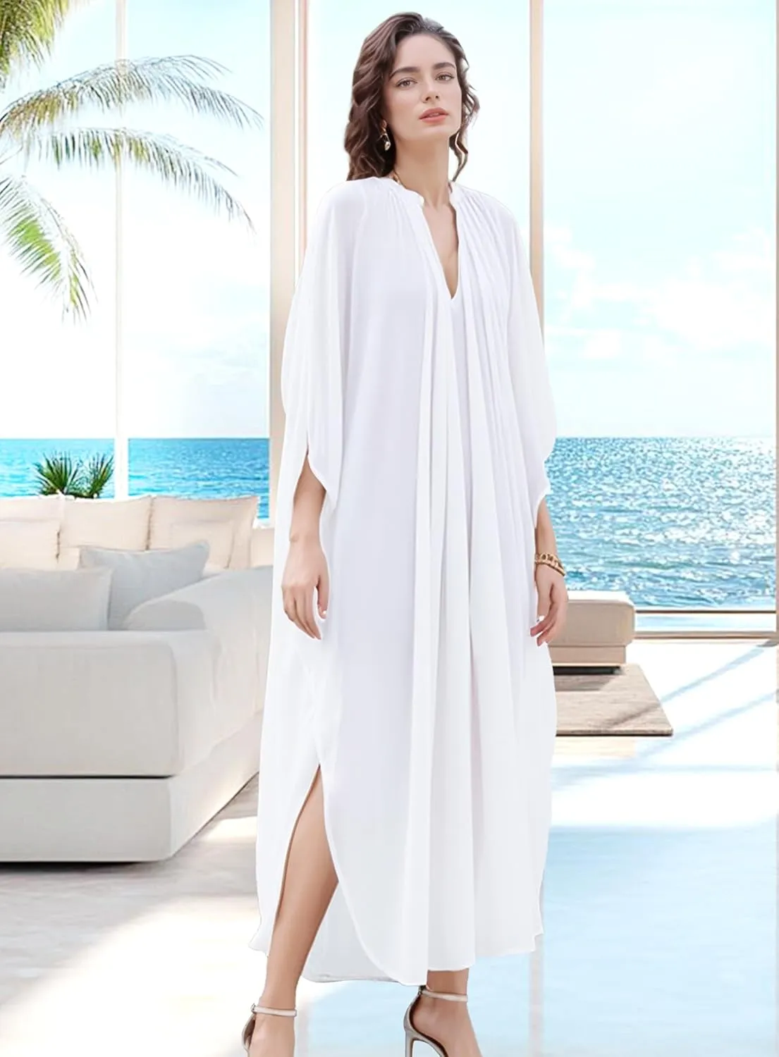Women Kaftan Beach Cover Up for Swimwear, Lightweight V-Neck Kaftan Dress Home Loungewear Moomoo Nightgown