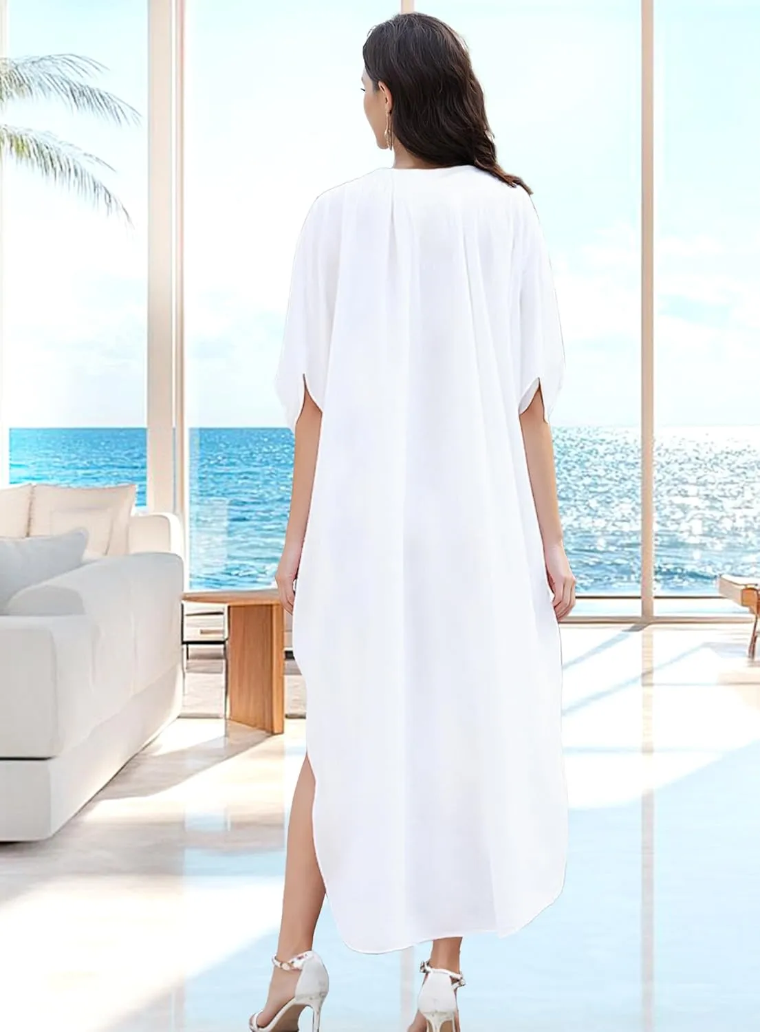 Women Kaftan Beach Cover Up for Swimwear, Lightweight V-Neck Kaftan Dress Home Loungewear Moomoo Nightgown