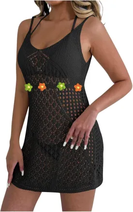 Womens Crochet Cover-Up Mini Beach Dress Sleeveless Spaghetti Strap Slip Dresses Bikini Swimsuit Coverups