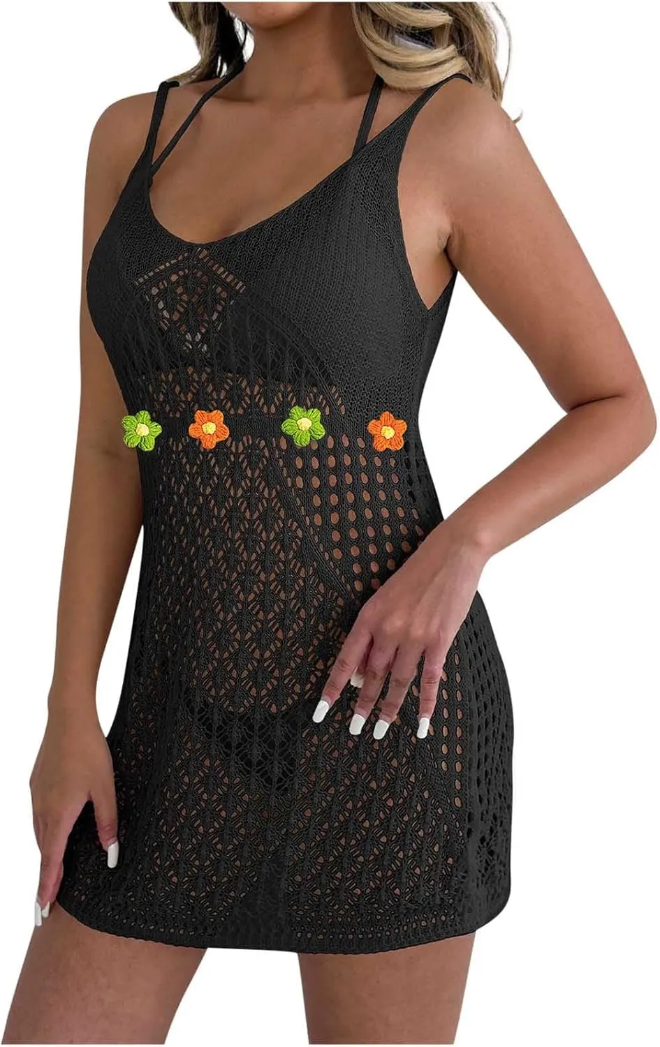 Womens Crochet Cover-Up Mini Beach Dress Sleeveless Spaghetti Strap Slip Dresses Bikini Swimsuit Coverups
