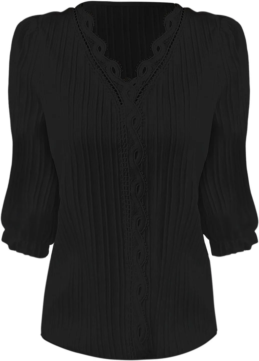 Women's Lace Trim V Neck Textured Tops Elbow Sleeve Shirts Casual Trendy Blouse Office Work Business Elegant Shirts