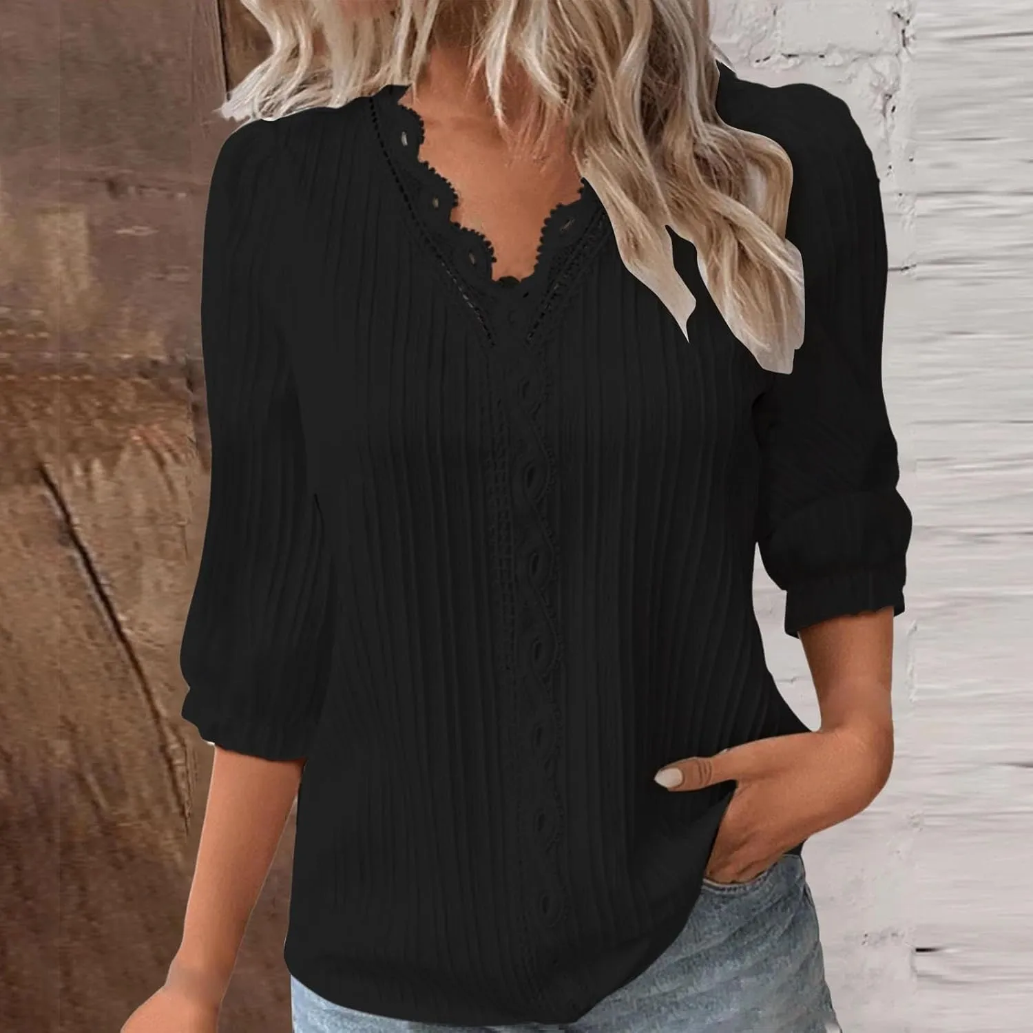 Women's Lace Trim V Neck Textured Tops Elbow Sleeve Shirts Casual Trendy Blouse Office Work Business Elegant Shirts