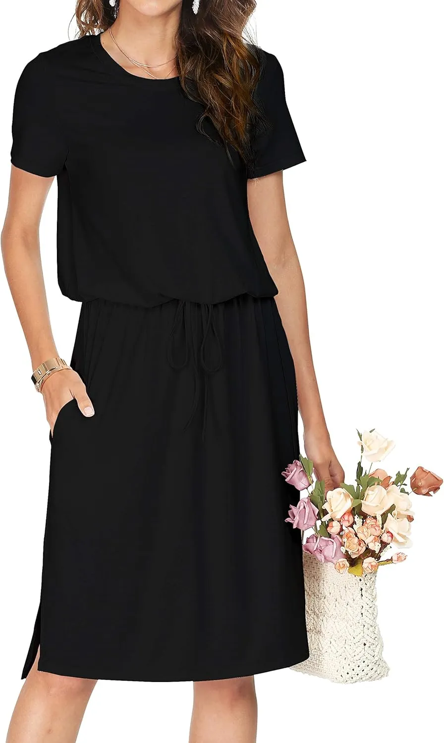 Womens Summer Hide Belly Knee Length Travel Dress Pocket 2025 Spring Short Sleeve Midi Work Casual Teacher Outfits