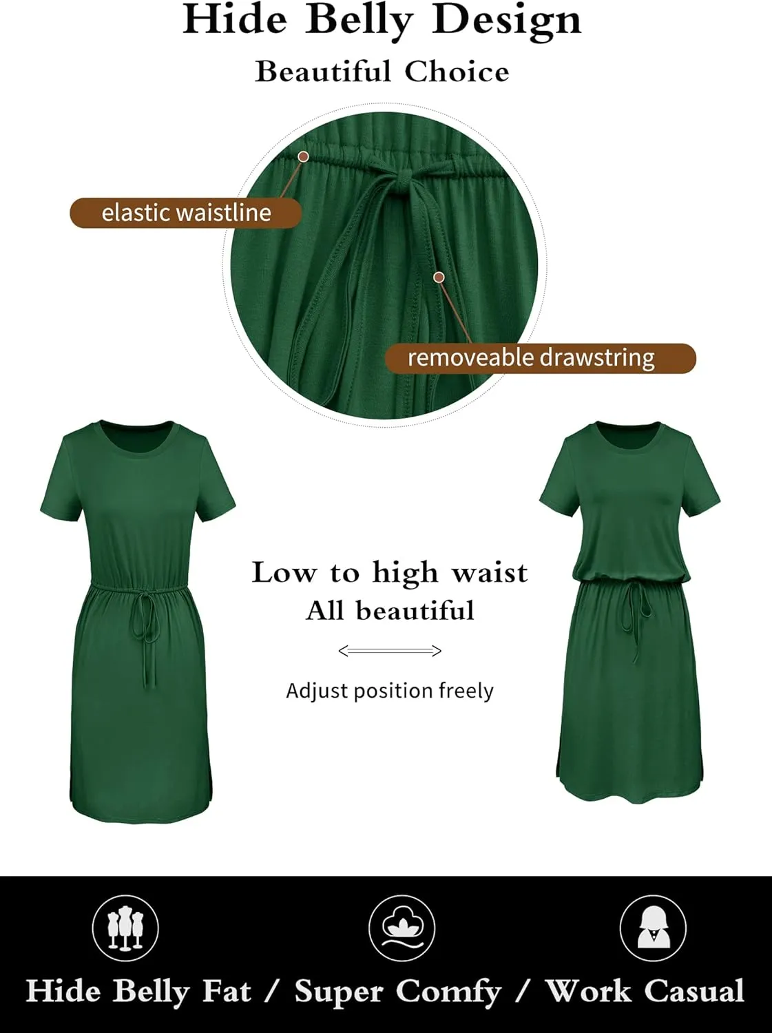 Womens Summer Hide Belly Knee Length Travel Dress Pocket 2025 Spring Short Sleeve Midi Work Casual Teacher Outfits