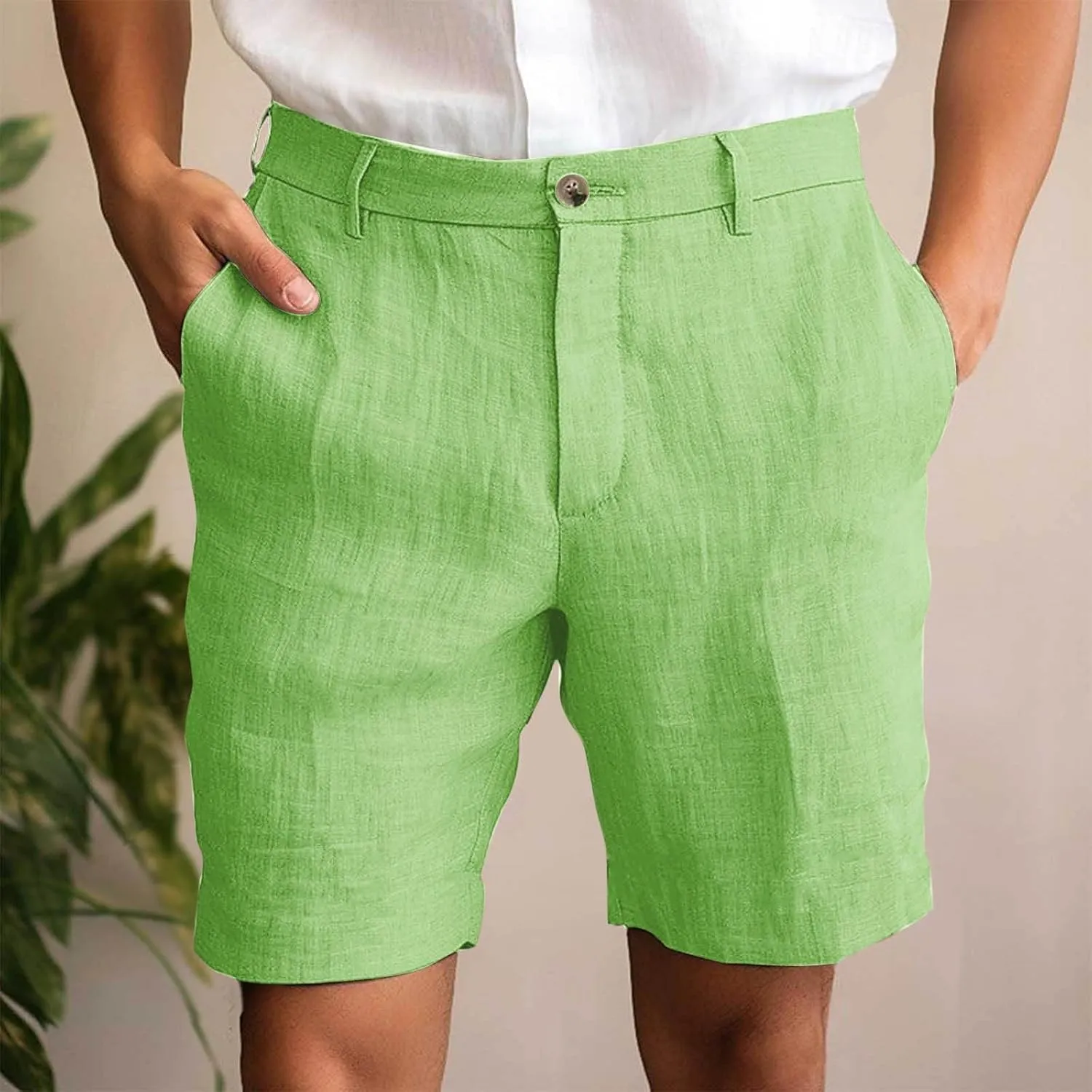 Xiaojmake Mens Linen Short Solid Summer Flat Front Casual Bermuda Shorts Button High Waisted Pleated Dress Short with Pockets