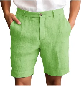Xiaojmake Mens Linen Short Solid Summer Flat Front Casual Bermuda Shorts Button High Waisted Pleated Dress Short with Pockets